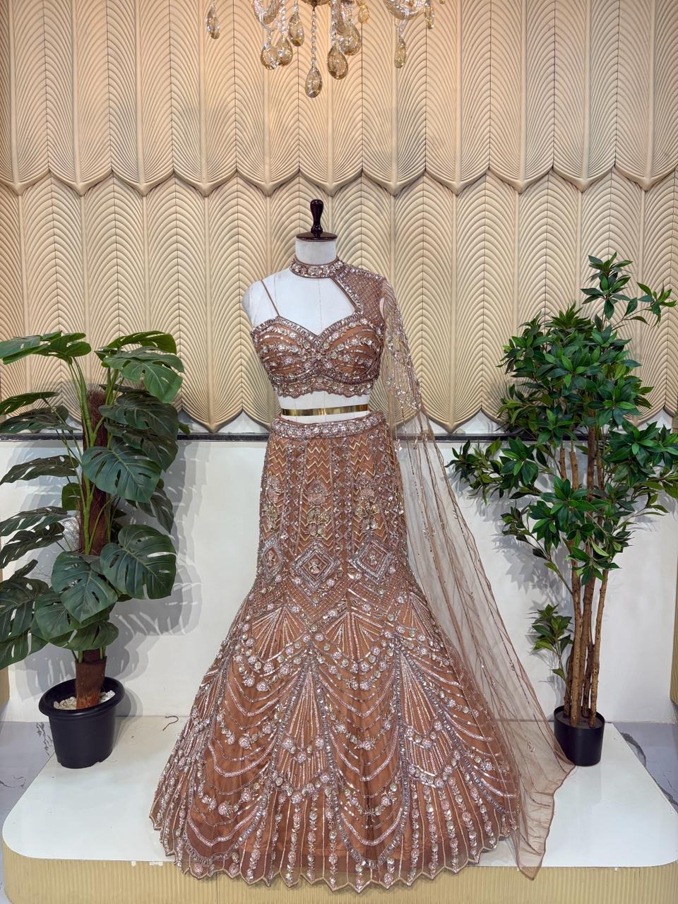 Brown handwork fishcut lehenga 