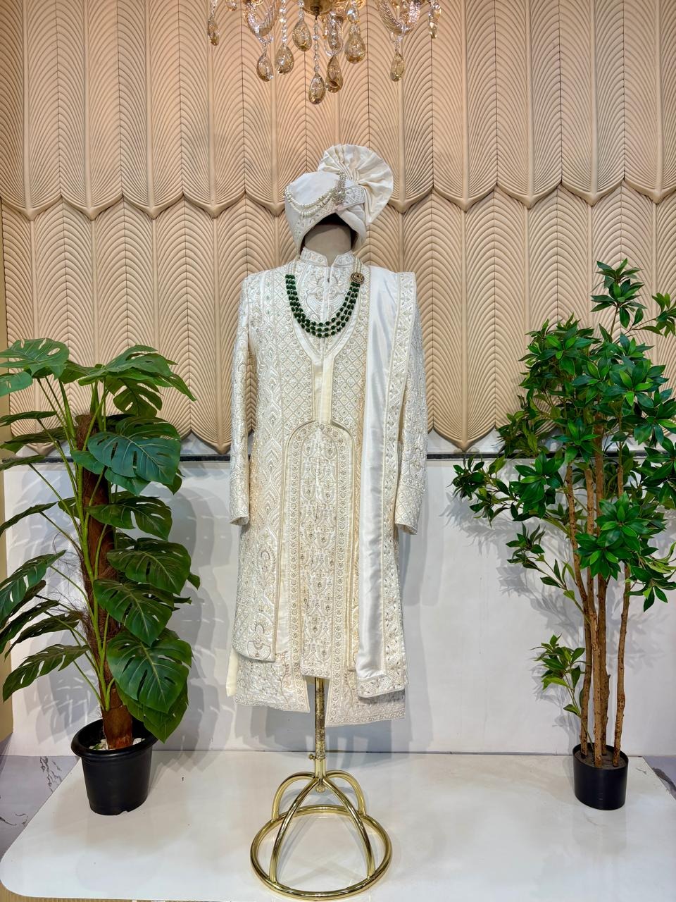 White green pink dots layer sherwani 38 