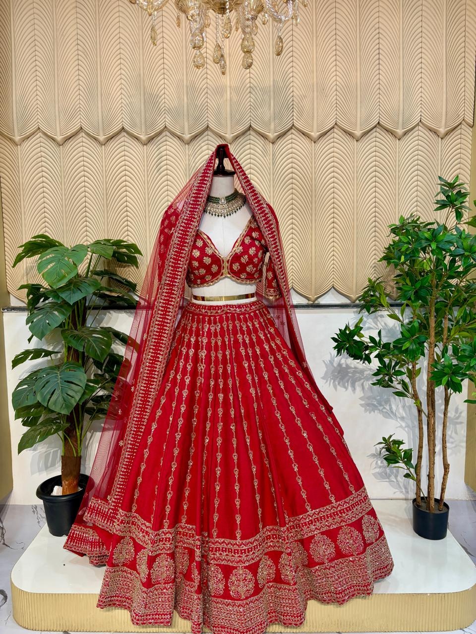 Red hand work bridal lehnga