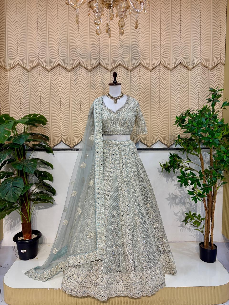Sky blue mirror work bridal lehenga 