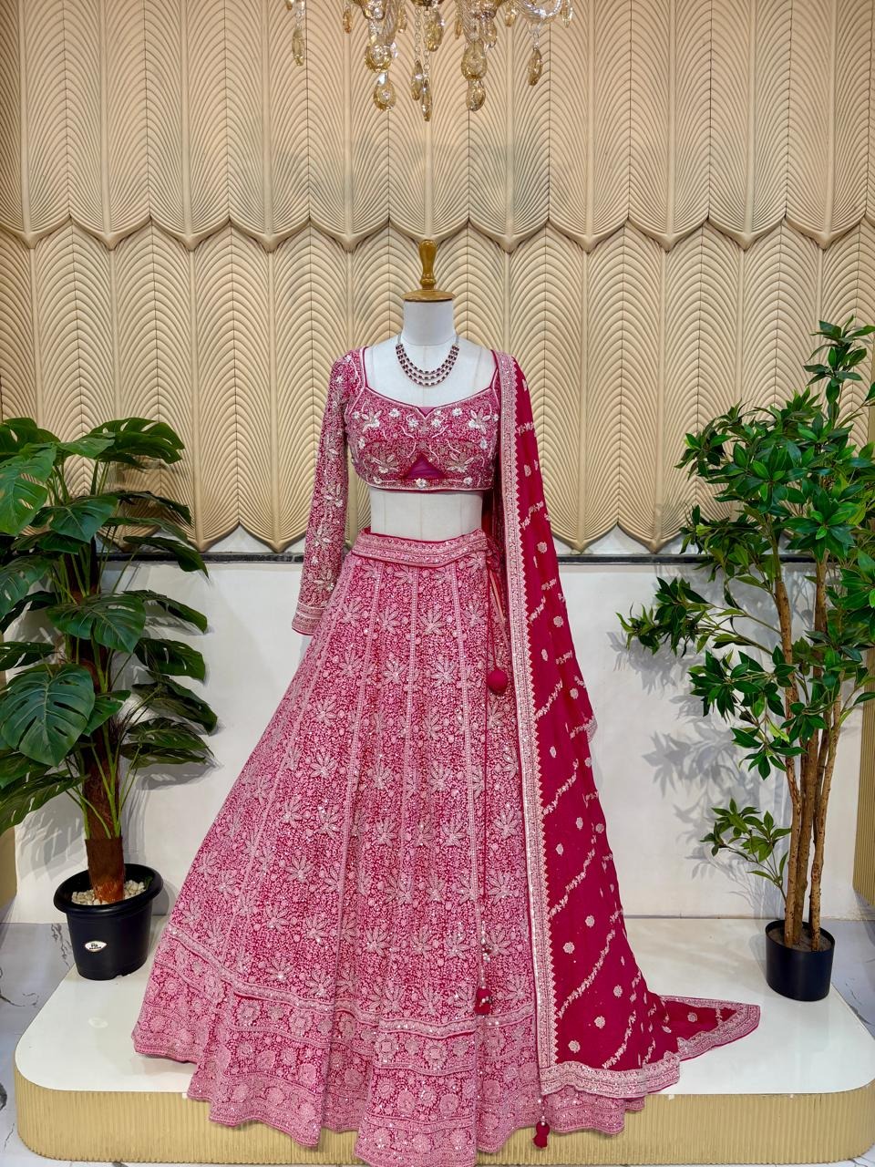 Pink White trade work lehenga 
