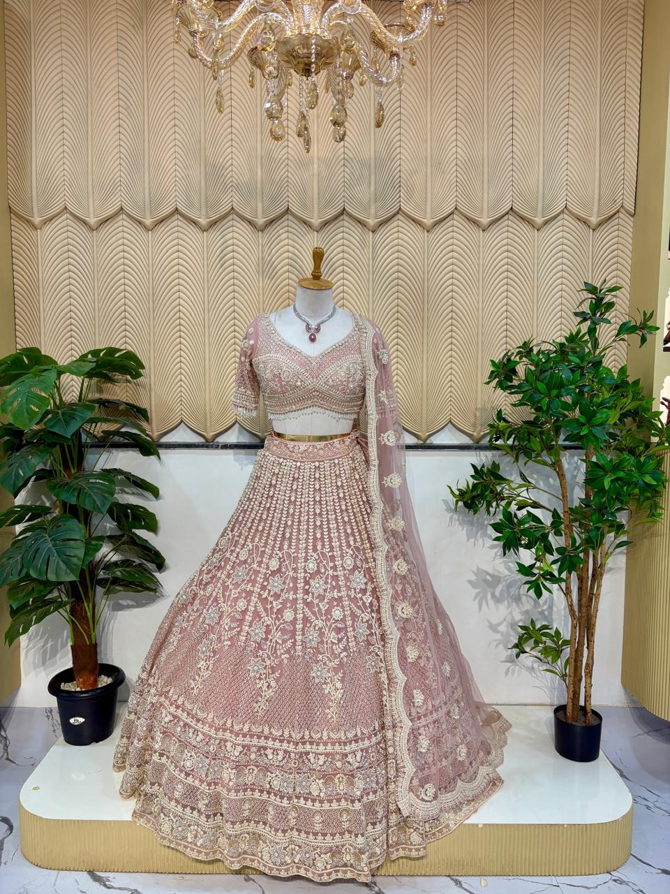 Pink white work lehenga 