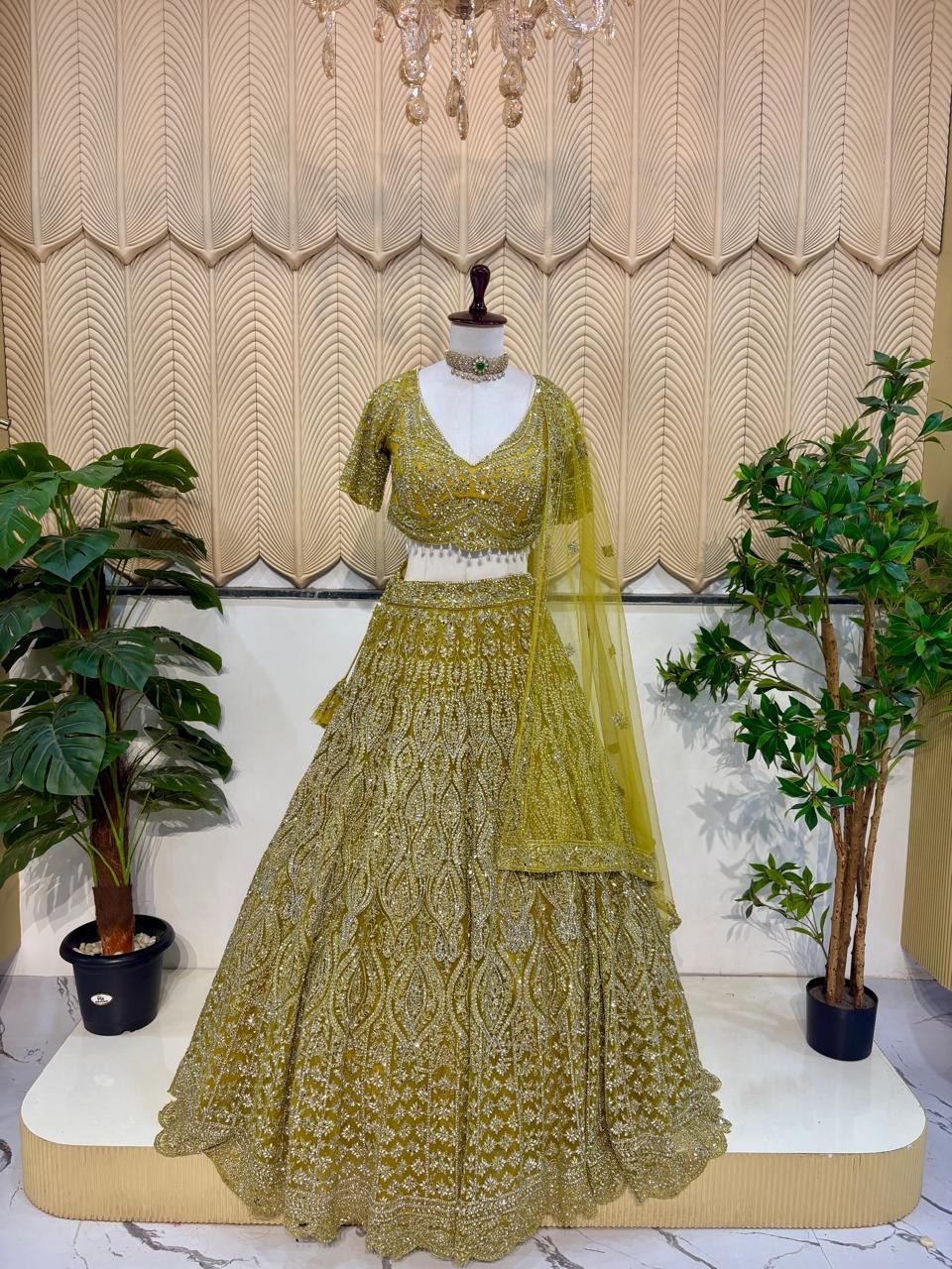 Lime Yellow work lehenga