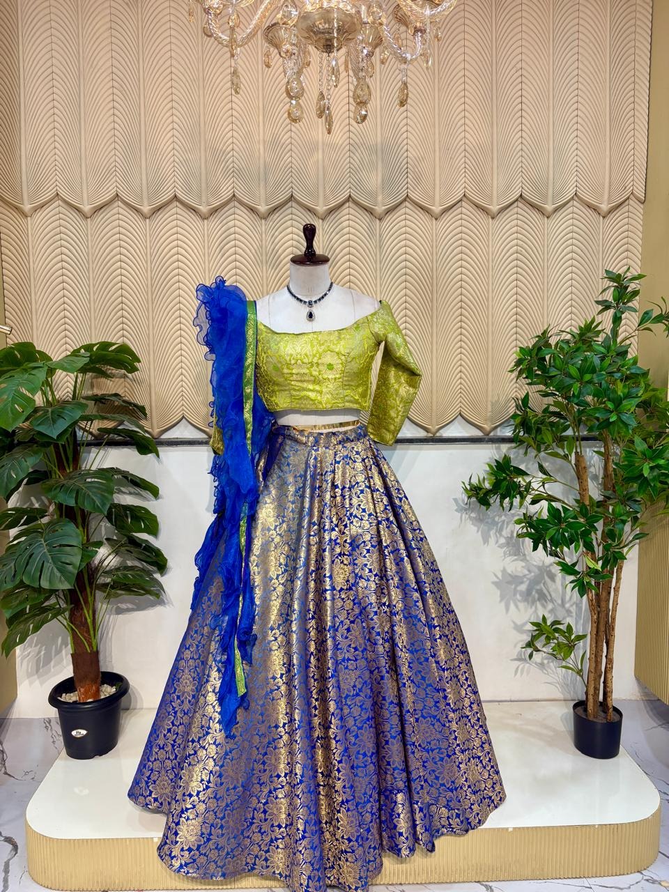 Brocade Blue  With Off-Shoulder Green Blouse