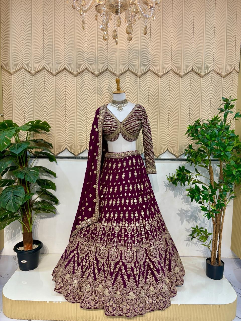 Wine full slevess lehenga 
