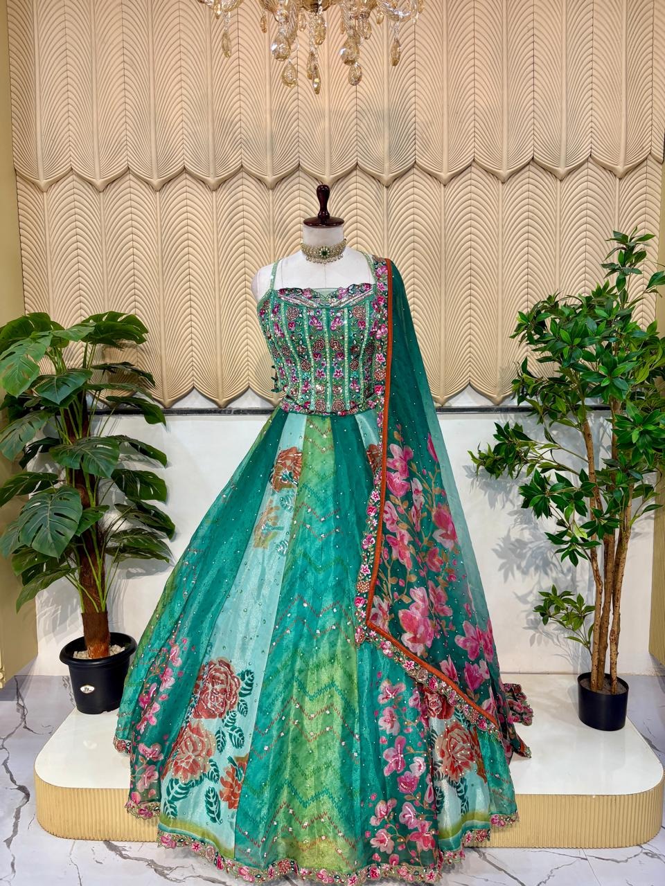 Green Floral Lehanga