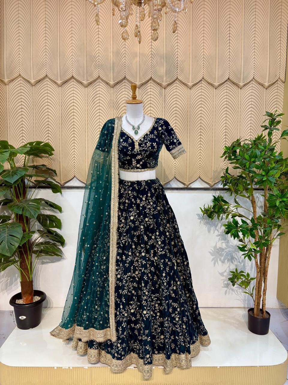 Dark green velvet lehenga 