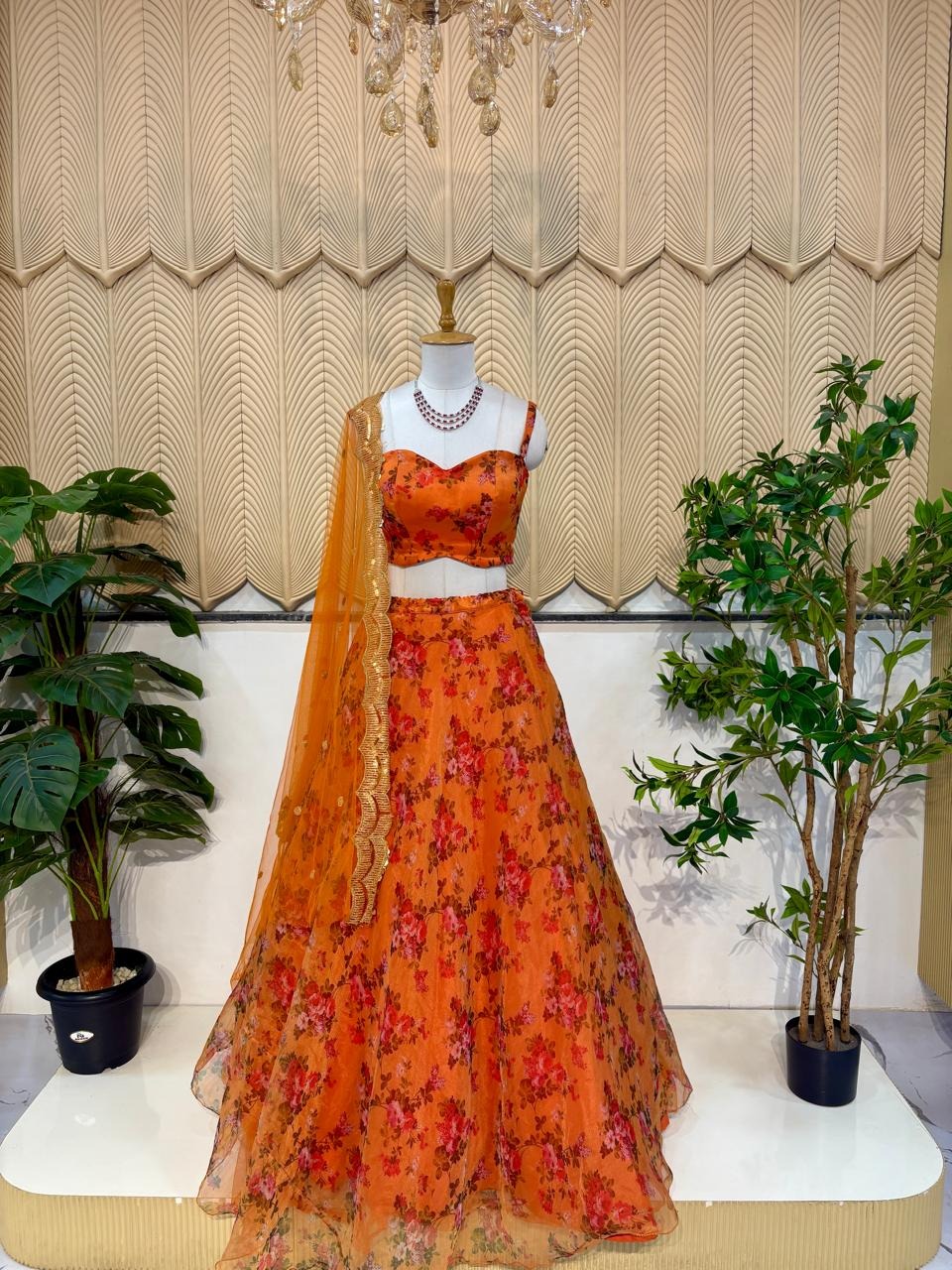 Orange floral lehenga