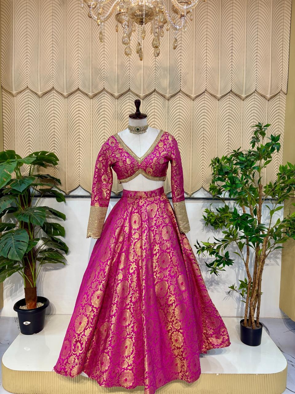 Brocade Pink Lehenga  With White Blouse 