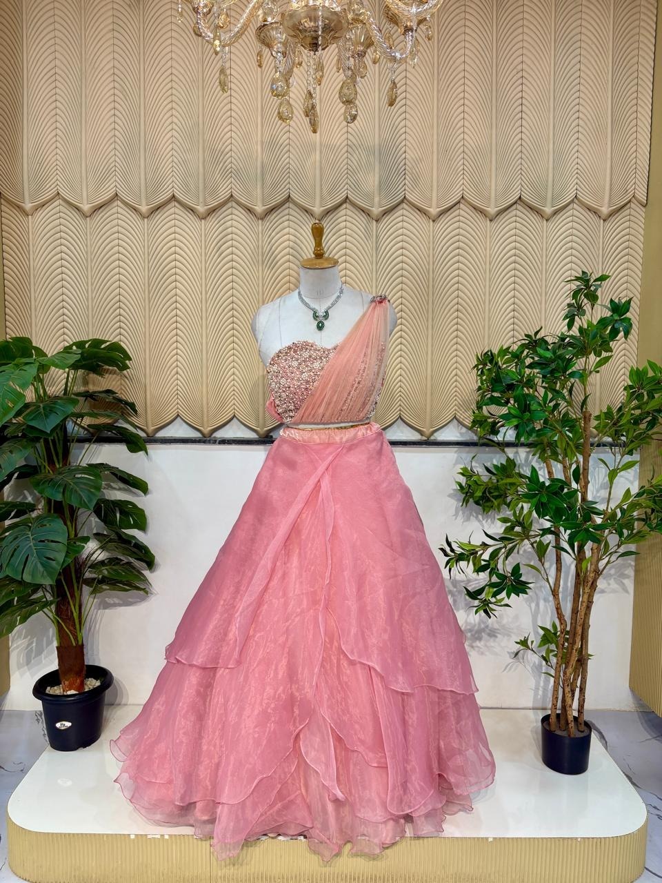 Pink heart shape ruffle lehenga