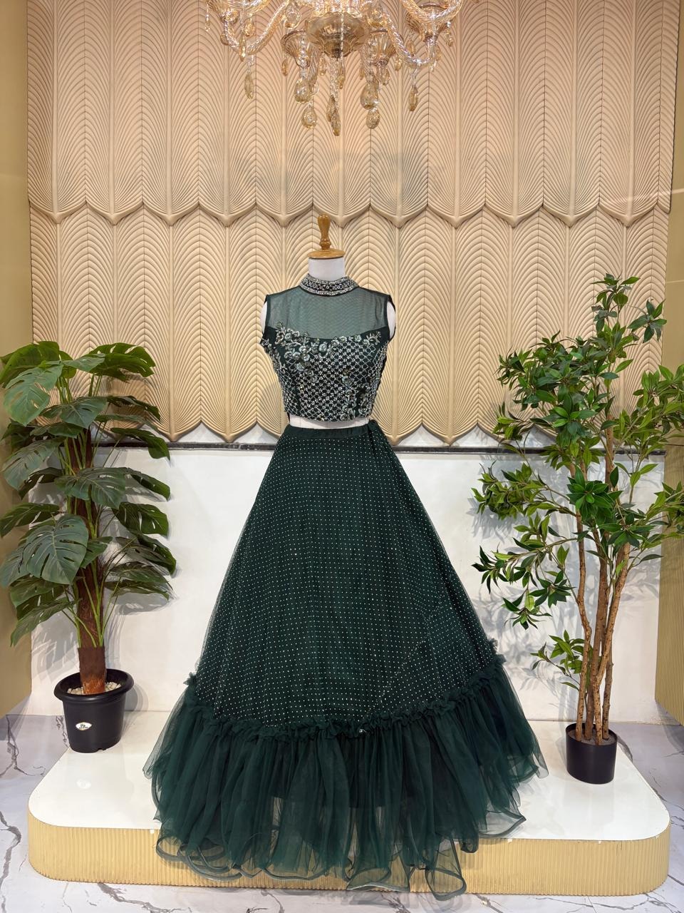 Bottle green net lehnga