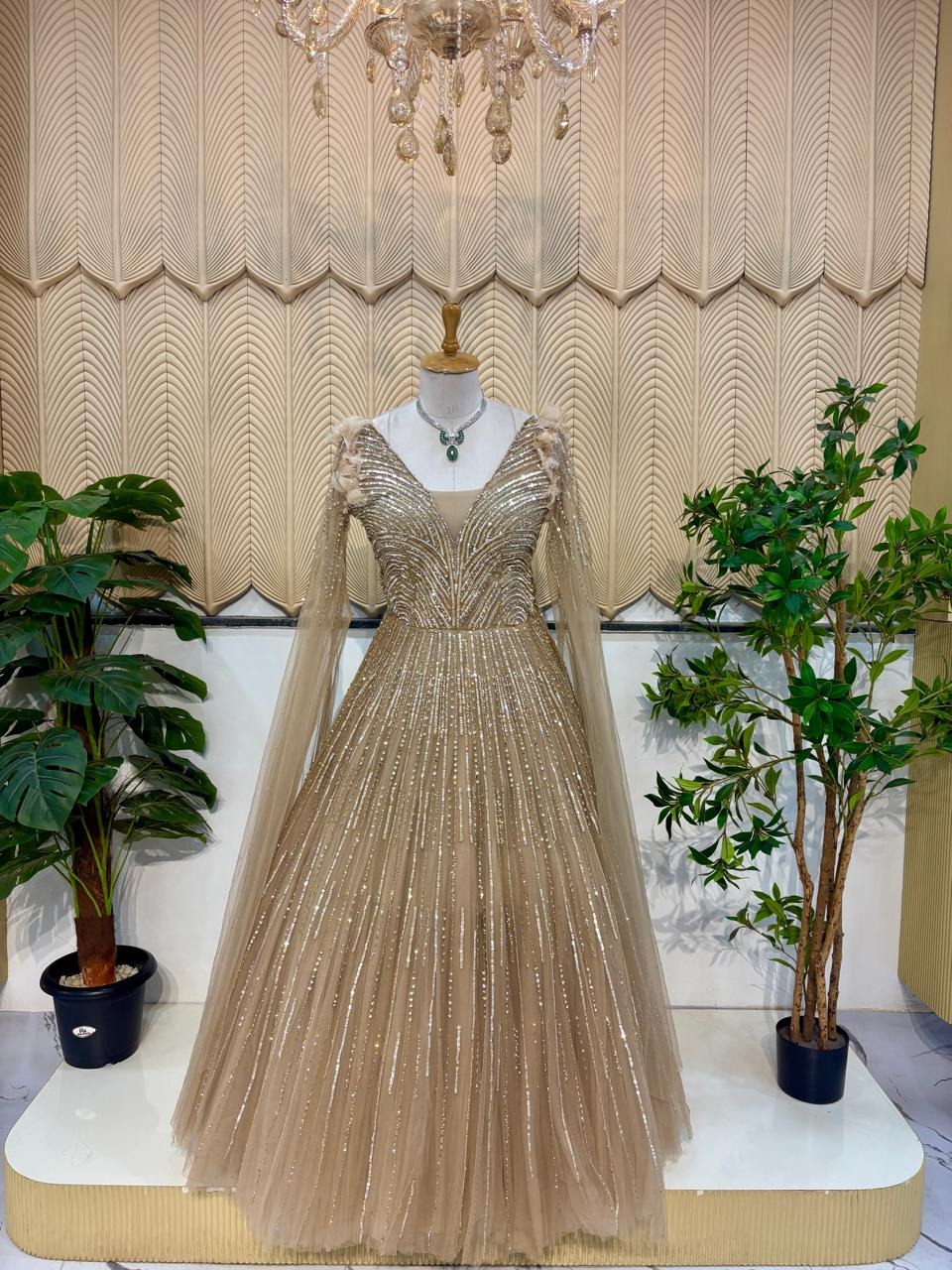 Beige full work ball gown