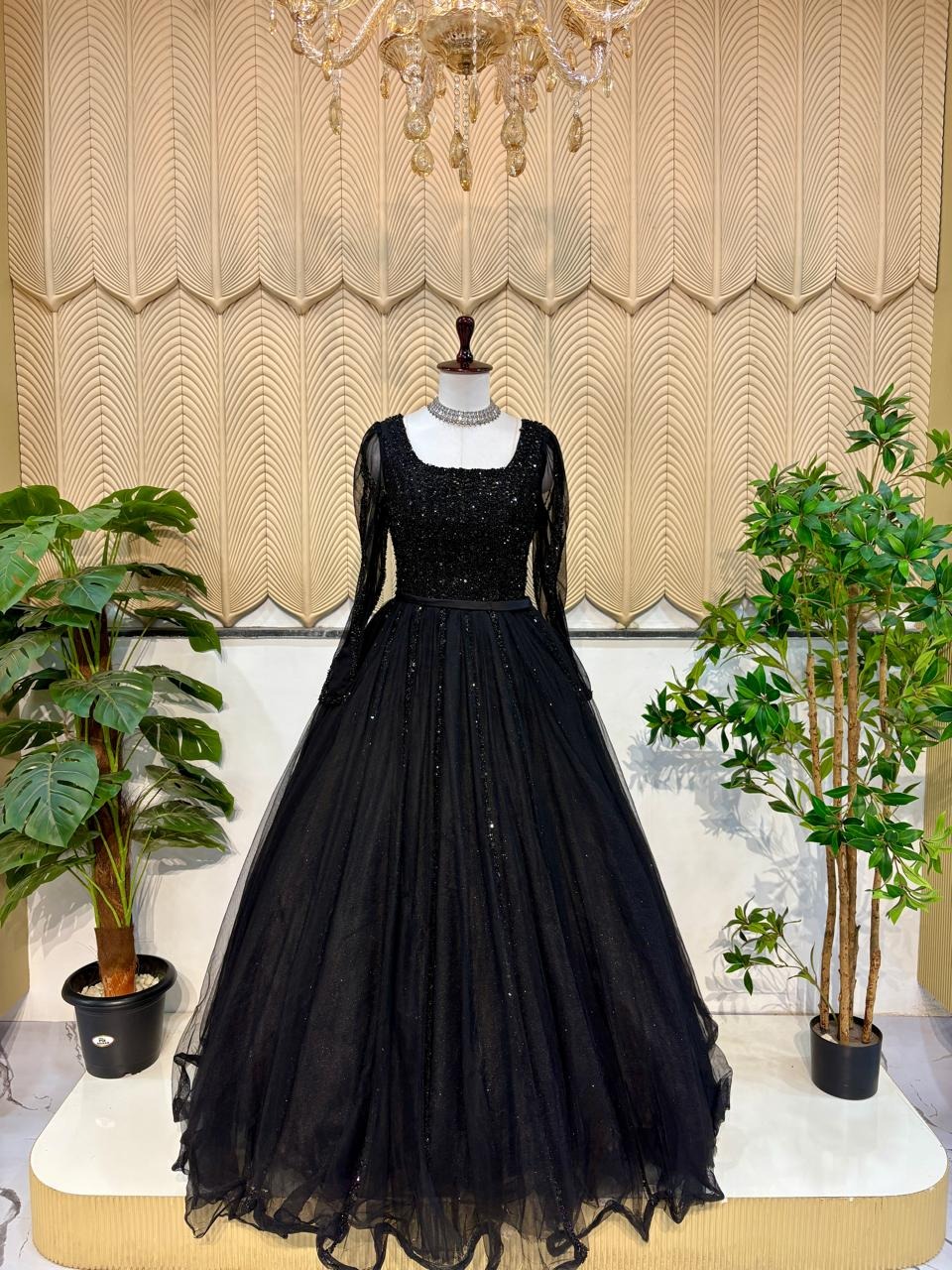 Black full sleeves work ball gown