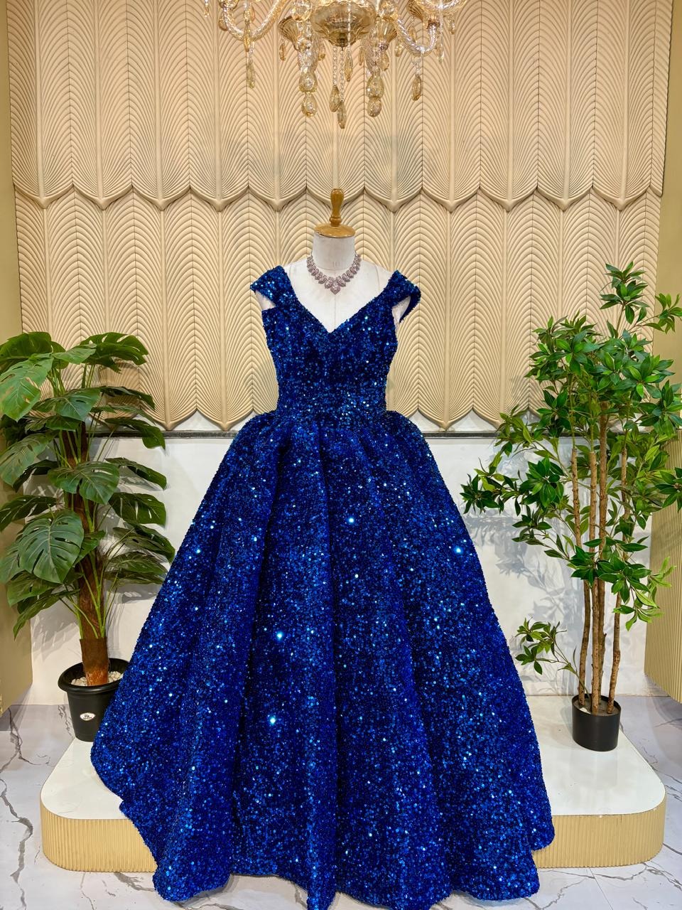 Blue sequins conical gown 