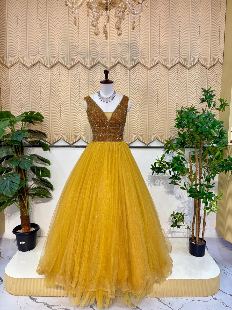 Yellow new trail sleeves ball gown