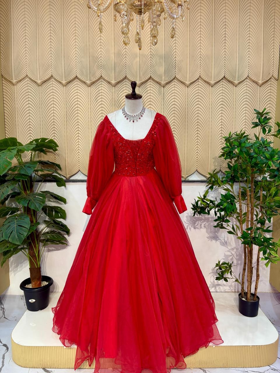 Red new full sleeves ball gown 