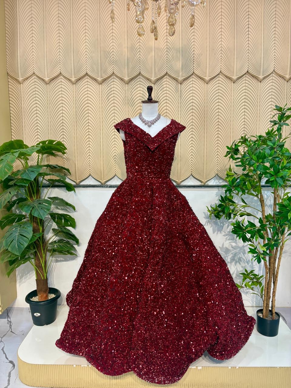 Maroon full Sequins Ball Gown 