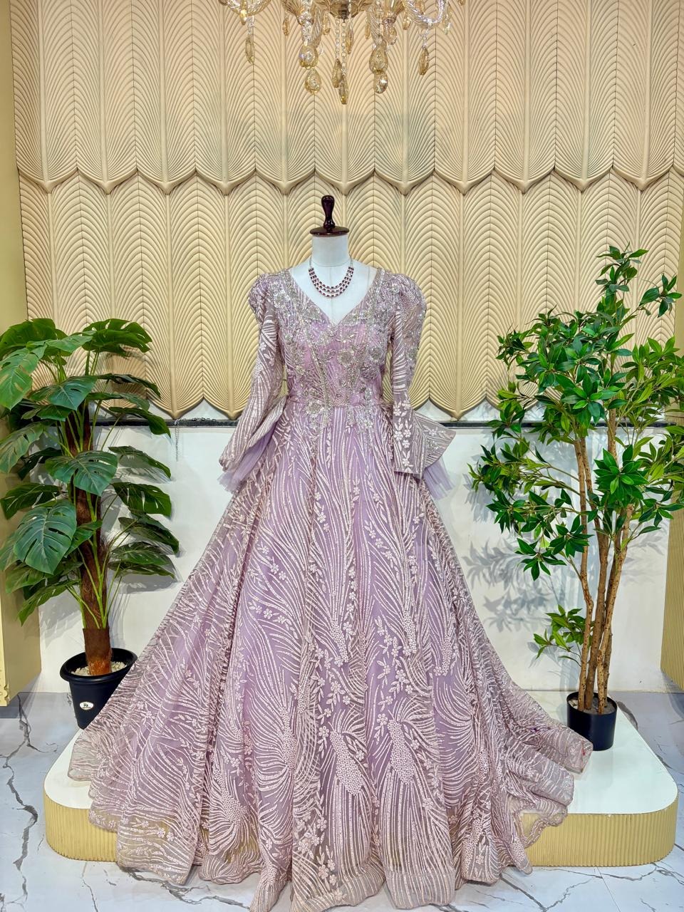Lavender full sleeves ball gown 