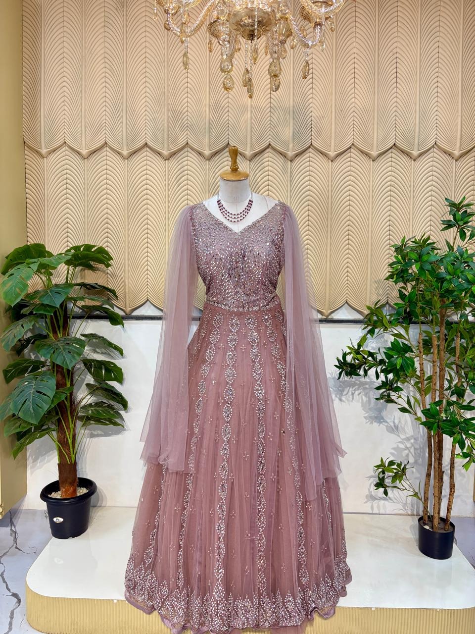 Mirror Work Pink Reception Gown
