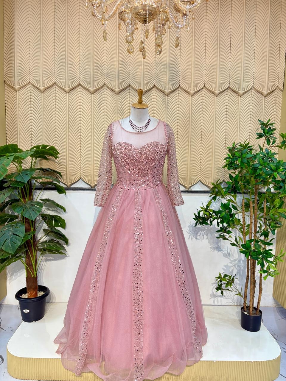 Pink heart new full sleeves ball gown 