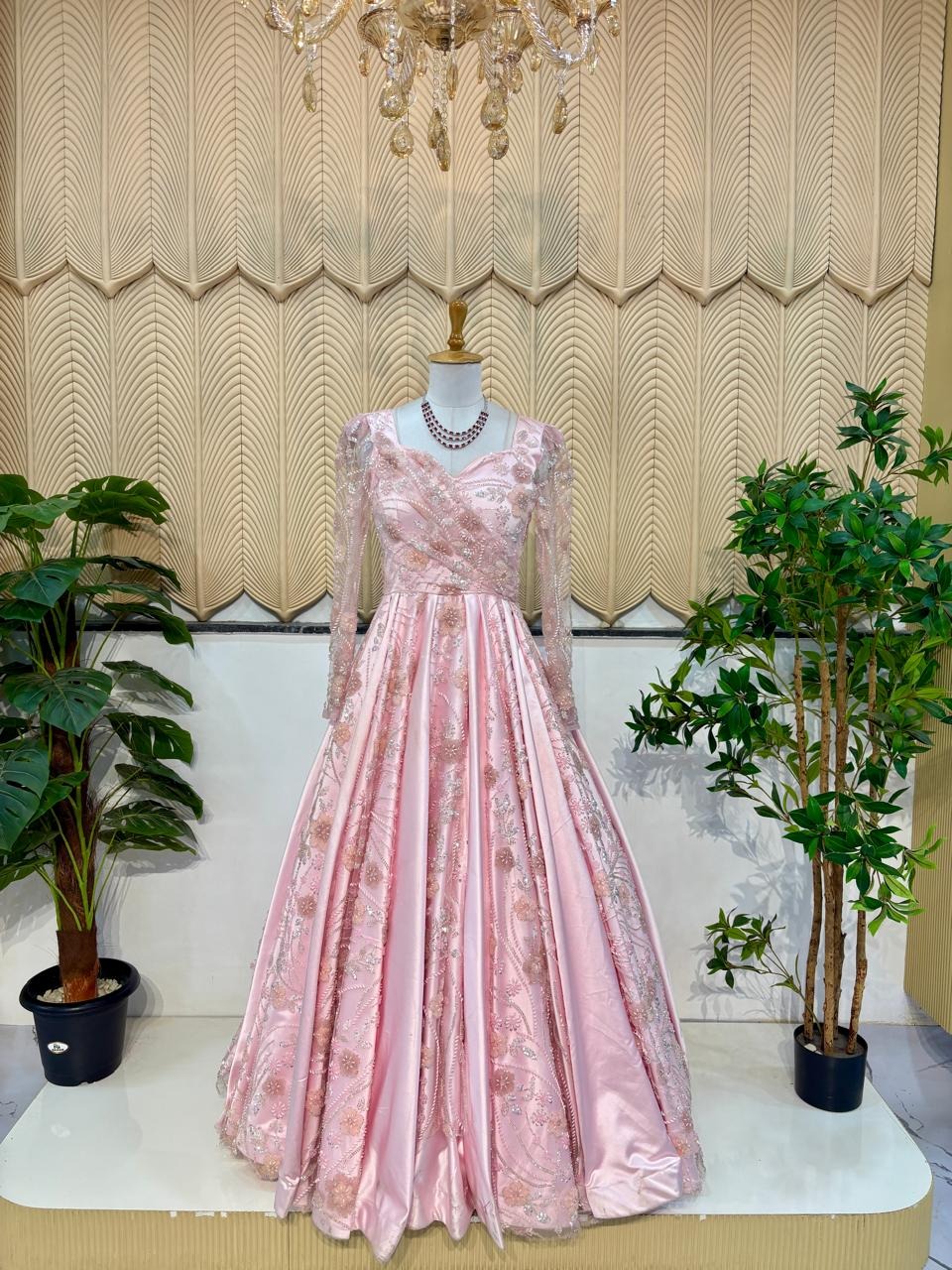 Baby pink full sleves ball gown 