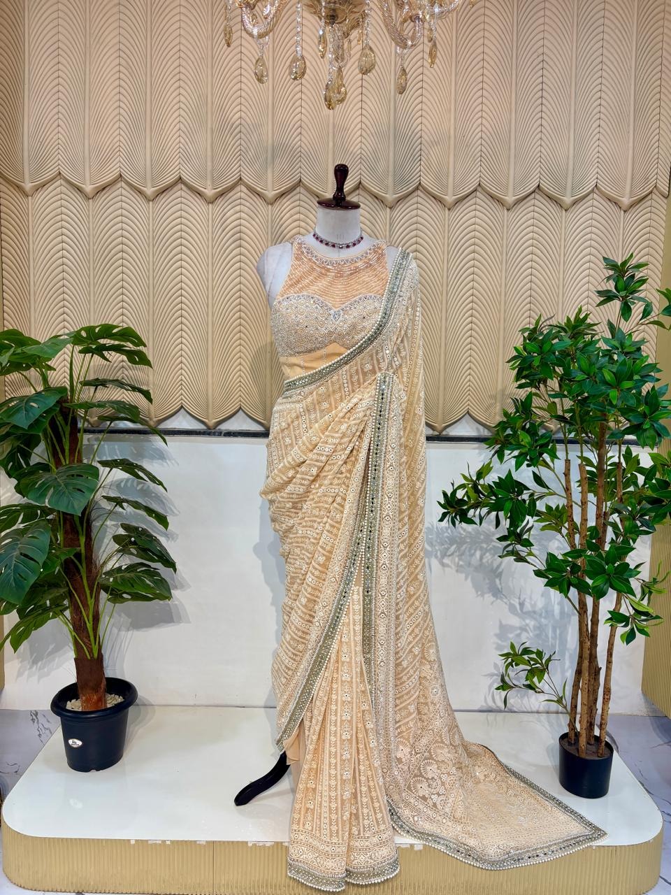Peach Chikenkari saree