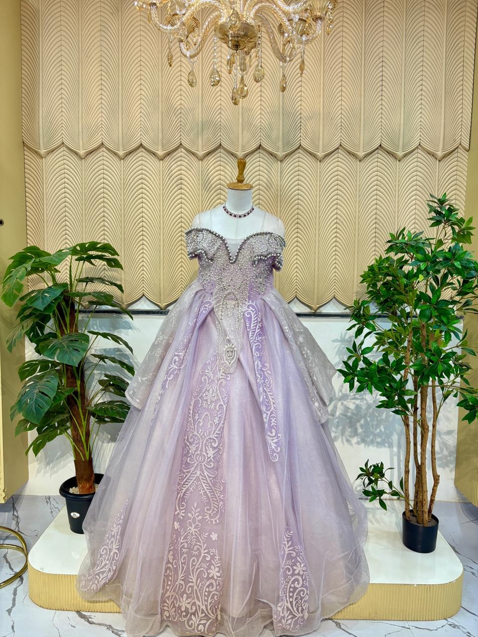 lavender off shoulder ball gown 