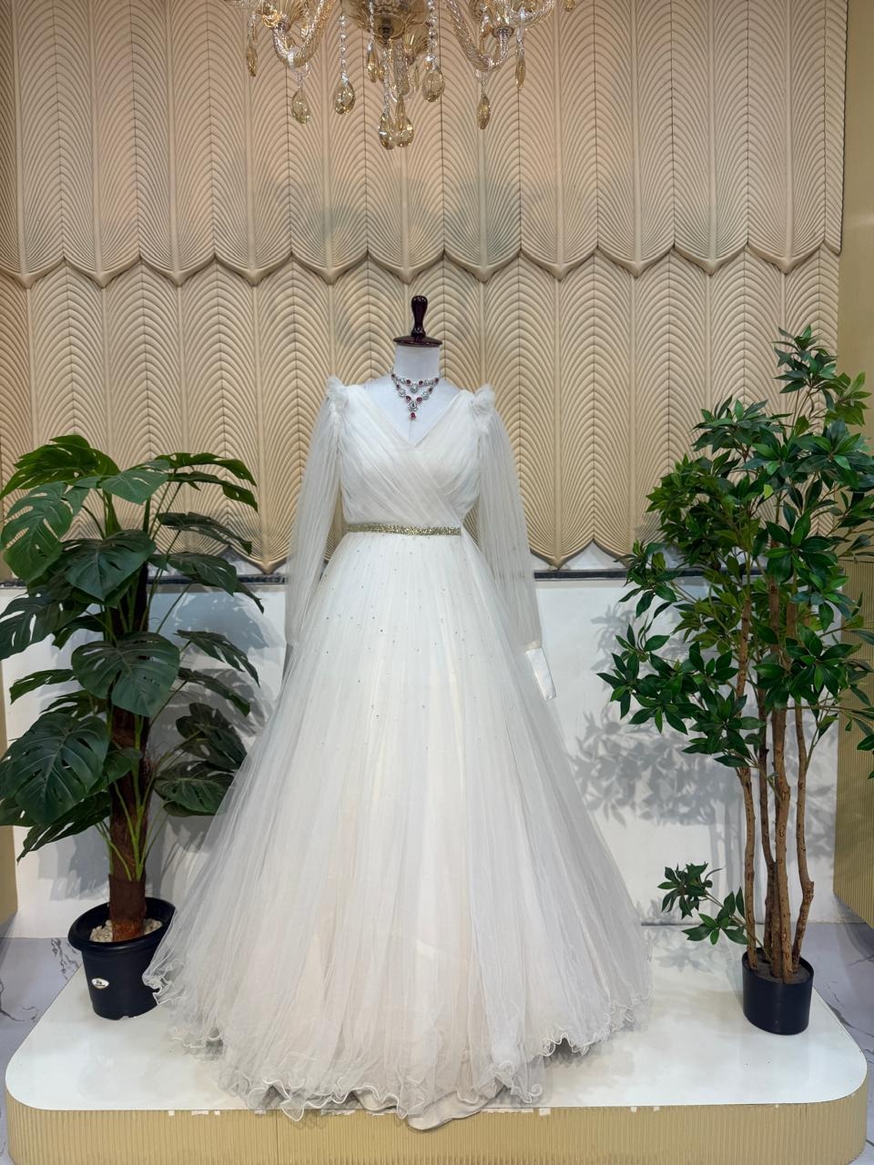 White Full Sleeves Ball Gown