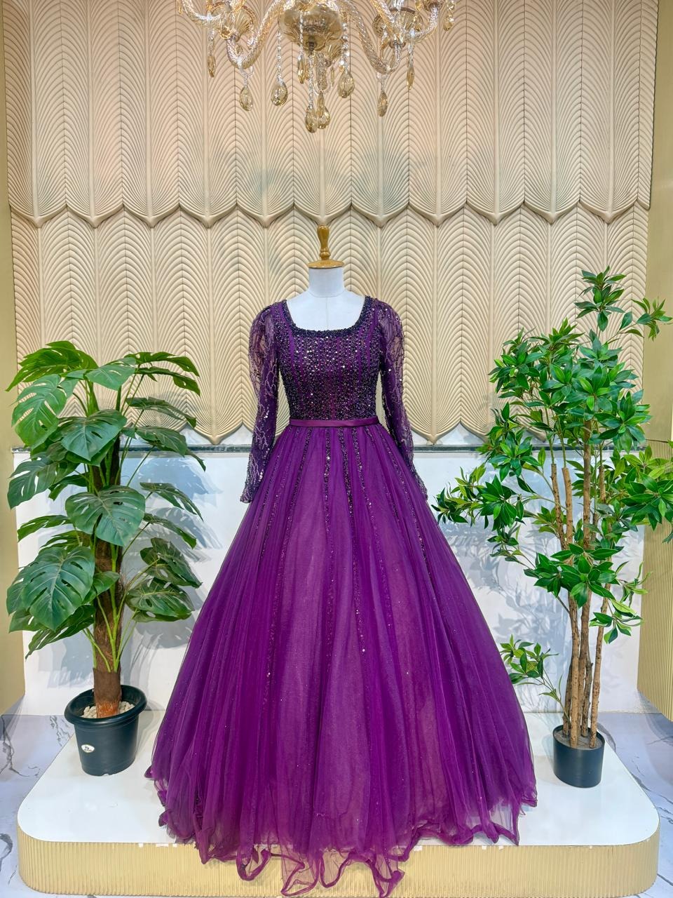 Purple Full Sleeves Work Ball Gown