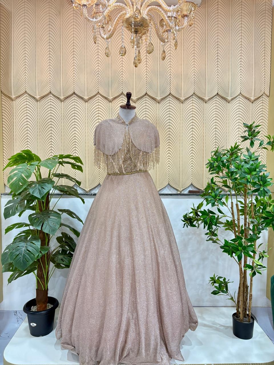 Golden Glitter cape Gown 