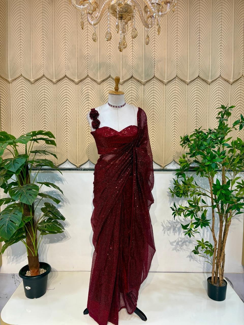 Maroon sequins saree 