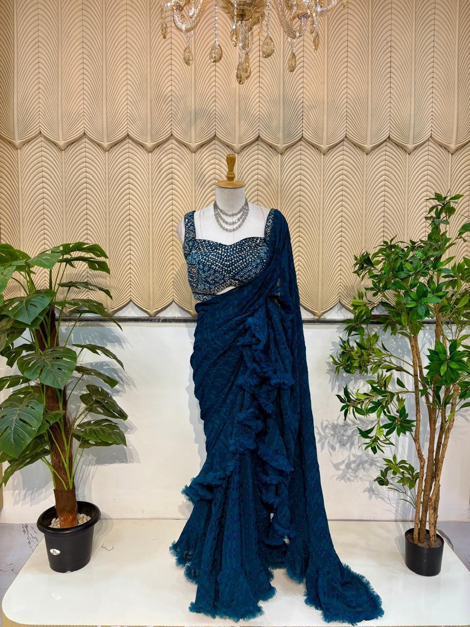 pecock green ruffle saree