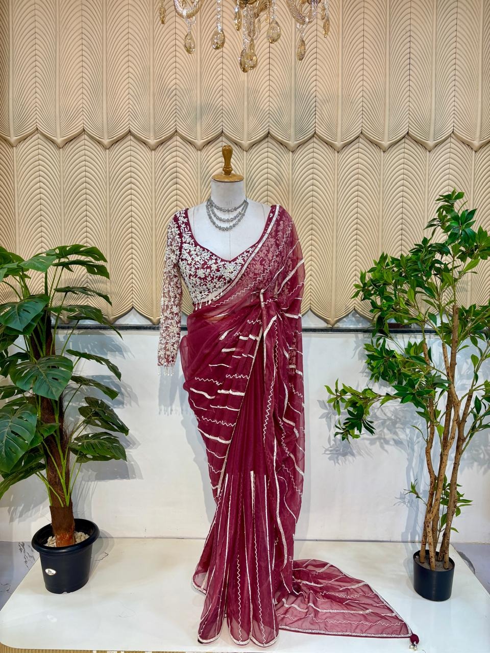 Dark pink handwork saree
