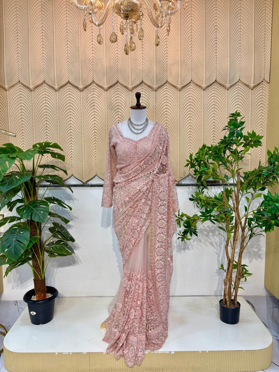 Pink Silver Work Saree 