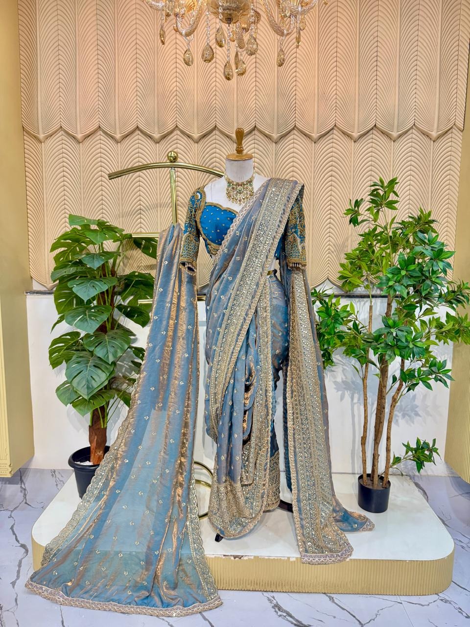 Powder blue unstitched nauvari 