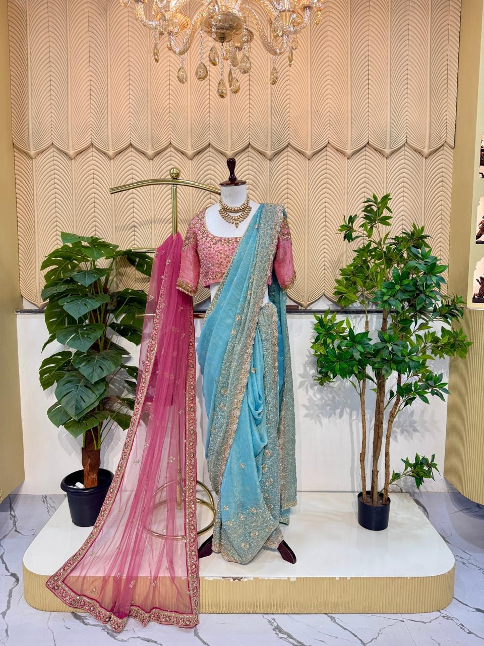 Powder blue unstitched nauvari 